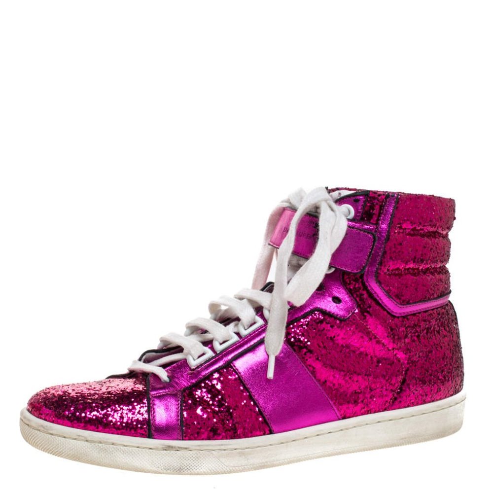 SAINT LAURENT PARIS Pink Glitter And Leather High Top Sneakers